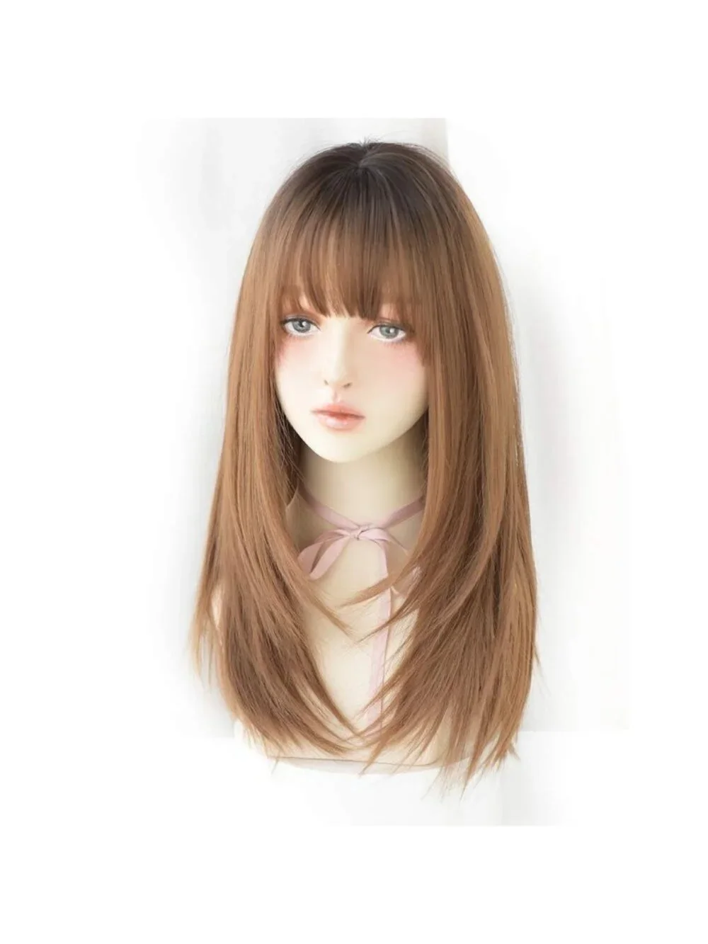Women's Black Honey Heat Resistant Synthetic Fiber Long Straight Wigs Bangs